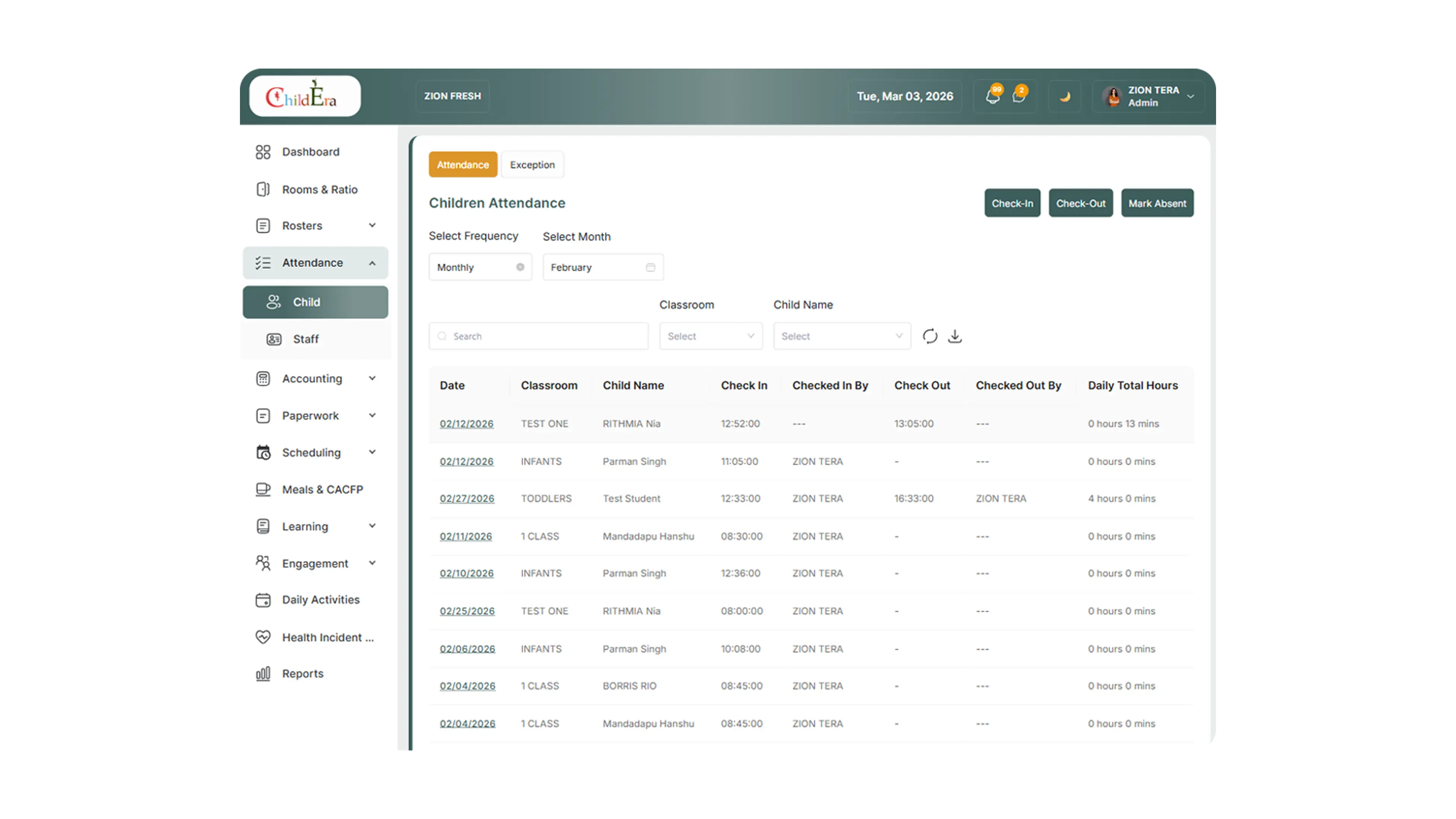 Real-time attendance and operational visibility for child care centers
